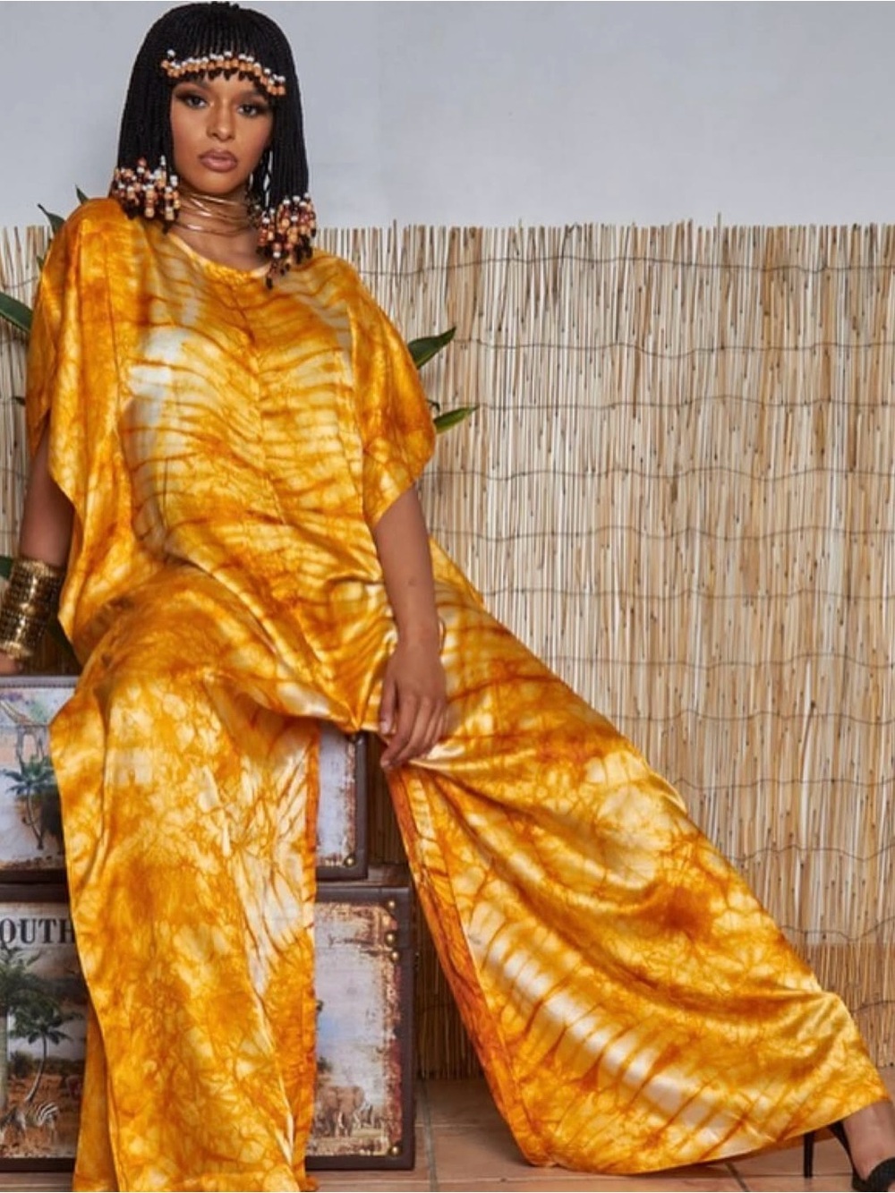 Rahyma “Cassidy Adire” Palazzo Jumpsuit in Golden Satin Tie Dye - Size L/XL